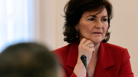 La vicepresidenta, Carmen Calvo, durante el Consejo. JAVIER SORIANO / AFP