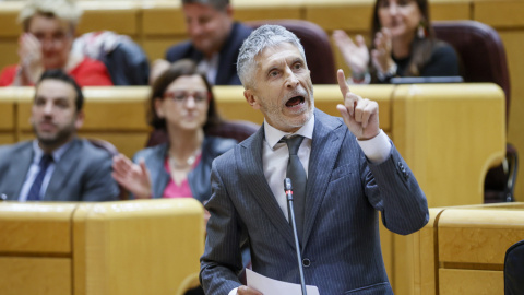 18/04/2023.- El ministro del Interior, Fernando Grande Marlaska en la sesión de control celebrada este martes en el pleno del Senado, en Madrid. EFE/ Mariscal