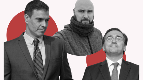 Composición de la imagen de EFE del presidente del Gobierno, Pedro Sánchez, y el ministro de Asuntos Exteriores, José Manuel Albares, con una fotografía del periodista Pablo González al fondo.