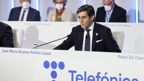 El presidente de Telefónica, José María Álvarez-Pallete, durante su intervención en la junta de accionistas, en Madrid. E.P./Marta Fernández