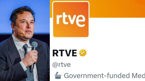 Montaje con el dueño de Twitter, Elon Musk y la de de RTVE, donde aparece la etiqueta de 'medio financiado por el Gobierno'.