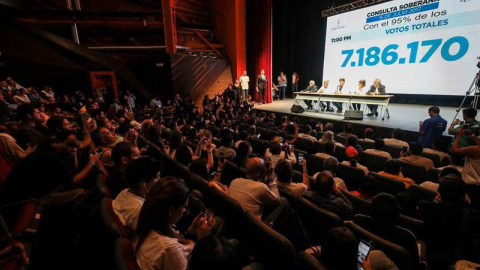 Imagen de la conferencia de prensa en el que se ofrecieron los resultados de la consulta. | MIGUEL GUTIÉRREZ (EFE)