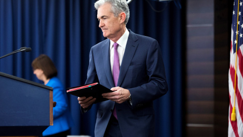 El presidente de la Reserva Federal (el banco central estadounidense), Jerome Powell, ofrece una rueda de prensa en Washington tras la reunión del Comité de Mercado Abierto.EFE/ Michael Reynolds