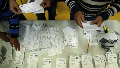 Recuento de votos de una mesa electoral de Pamplona tras el cierre del colegio en una jornada en la que mas de 500.000 personas podían votar en Navarra de las que 25.350 han solicitado ejercer su derecho a voto por correo. EFE/Jesús Diges.