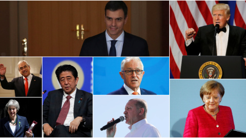 De izquierda a derecha y de arriba a abajo, Pedro Sánchez, presidente del Gobierno de España; Donald Trump, presidente de EEUU; Sebastián Piñera, presidente de Chile, Shinzo Abe, primer ministro de Japón: Malcolm Turnbull, primer ministro d