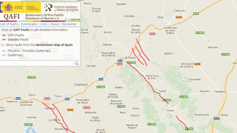 El Instituto Geominero cataloga como activas las cuatro fallas del cuaternario localizadas en el emplazamiento del pantano de Mularroya y sus inmediaciones. / IGME