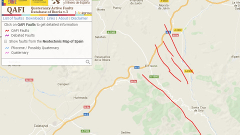 El Instituto Geominero cataloga como activas las cuatro fallas del cuaternario localizadas en el emplazamiento del pantano de Mularroya y sus inmediaciones. / IGME