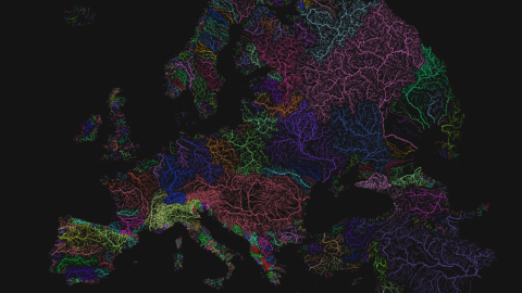 Los diferentes colores representan las cuencas de los principales ríos europeos, estudiados para inventariar las barreras existentes.