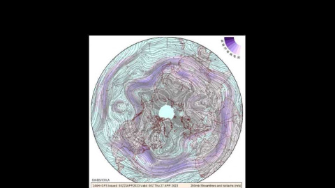 Circulación del chorro polar visto desde el polo, predicción para el 27 de Abril de 2023.