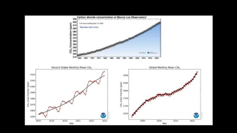 Arriba: evolución de la concentración atmosférica de dióxido de carbono. Abajo: evolución de la concentración atmosférica de metano.