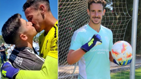 El portero Alberto Lejárraga celebra con su novio el ascenso del Marbella a la cuarta categoría de fútbol masculino en España.