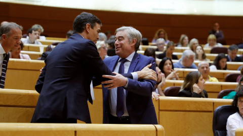 El presidente del Gobierno, Pedro Sánchez saluda al senador del PP José Manuel Barreiro, en el pleno del Senado, en Madrid. EFE/Juan Carlos Hidalgo