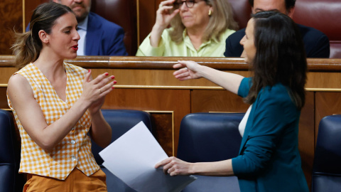 27/04/2023.- Las ministras de Igualdad, Irene Montero (i) y de Derechos Sociales y Agenda 2030, Ione Belarra (d) durante el pleno celebrado, este jueves, en el Congreso de los Diputados en Madrid. EFE/ Javier Lizón