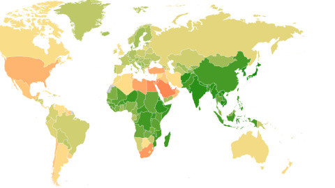 Porcentaje de obesidad en mujeres por países en 2014, según un código de colores. Autor: NCD-RisC