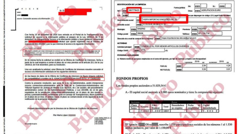 Documentos que demuestran que el subinspector Ignacio Oliva es propietario de la empresa Hispa Importaciones Deluxe, SL, pero no tiene compatibilidad para ejercer segunda actividad.