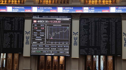 Panel informativo de la Bolsa de Madrid que muestra la evolución del principal indicador de la Bolsa española, el Ibex 35. EFE/Zipi