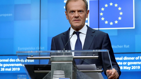 El presidente del Consejo Europeo, Donald Tusk, en la rueda de prensa posterior a la cumbre de la UE en Bruselas.. REUTERS/Yves Herman