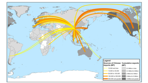 Mapa de las exportaciones de residuos de plástico a China desde terceros países. SCIENCE ADVANCES