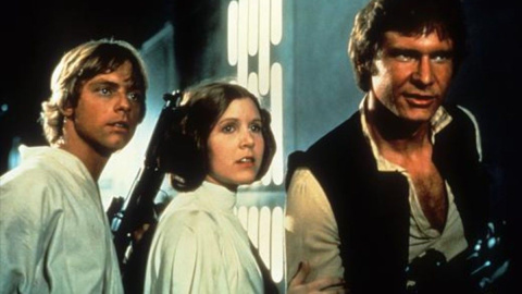 Mark Hamill (Luke Skywalker), Carrie Fisher (la princesa Leia) y Harrison Ford (Han Solo) en 'Star Wars'.