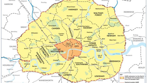 Mapa de Londres. En amarillo la Zona de Bajas Emisiones (LEZ) y en naranja la Zona de Emisiones Ultrabajas