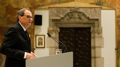 El president Quim Torra durant la compareixença d'aquest divendres. EFE/ Enric Fontcuberta.