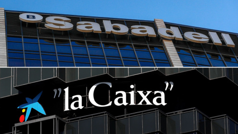 Los logos del Banco Sabadel y de Caixabank en sus sedes en Barcelona. REUTERS