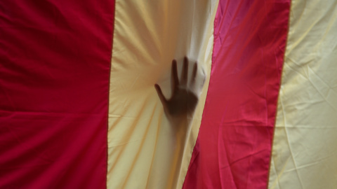 Una mano vista a través de una estelada gigante colocada en el edificio histórico de la Universidad de Barcelona. REUTERS/Enrique Calvo