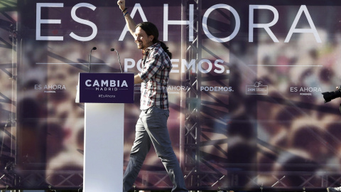 ¡El secretario general de Podemos, Pablo Iglesias, durante el mitin ofrecido el 8 de mayo en Alcalá de Henares. EFE/Kiko Huesca