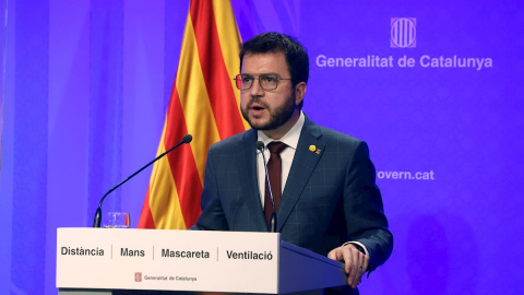 El Presidente en funciones de la Generalitat, Pera Aragonés, durante la declaración institucional de aplazamiento de las elecciones