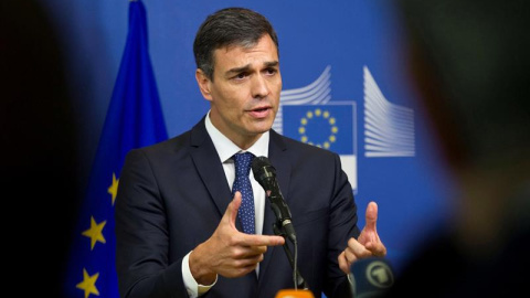 Pedro Sánchez, durante la rueda de prensa en la Cumbre de Trabajo informal sobre inmigración y asilo, hoy en Bruselas.-EFE/Horst Wagner