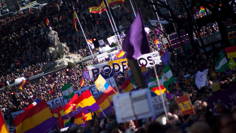 Más de 100.000 personas han participado este sábado en la Marcha del Cambia, convocada por Podemos en Madrid. -JAIRO VARGAS