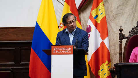 El presidente de Colombia, Gustavo Petro, interviene tras recoger la Medalla de la Universidad de Salamanca, a 5 de mayo de 2023.