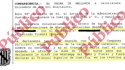 Fragmento de la declaración voluntaria de la testigo protegida 31, conocida como "La Madame" ante el juez del Instrucción 12 de Palma.