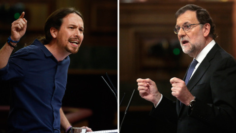 El líder de Podemos, Pablo Iglesias (i) y el presidente del Gobierno en funciones, Mariano Rajoy (d), en la tribuna del Congreso de los Diputados. REUTERS