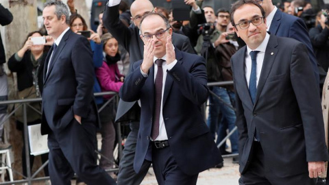 Los exmiembros del Govern cesado Joaquín Forn, Raül Romeva, Jordi Turull y Josep Rull a su llegada a la sede de la Audiencia Nacional. - EFE