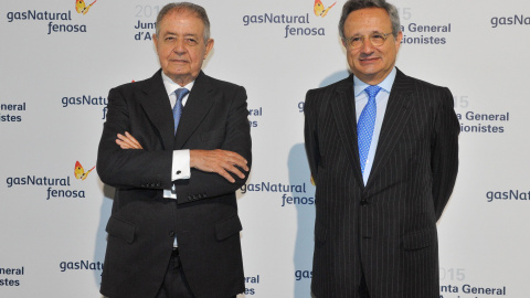 El presidente de Gas Natural Fenosa, Salvador Gabarró, y el consejero delegado, Rafael Vilaseca, antes de la Junta General de Accionistas.