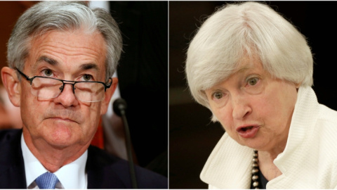 Jerome H. Powell (i), miembro del consejo de la Reserva Federal de EEUU, el principal candidato a sustituir a Janet Yellen (d) en la presidencia del banco central estadounidense. REUTERS