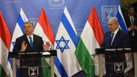 El primer ministro de Hungría, Viktor Orban y su homólogo israelí, Benjamin Netanyahu, dan una rueda de prensa conjunta en Jerusalén. EFE /Debbie Hill