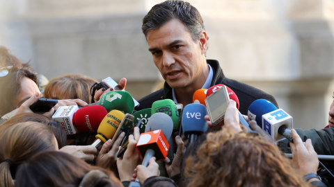 El secretario general del PSOE, Pedro Sánchez, en unas declaraciones a los periodistas. EFE/Ballesteros