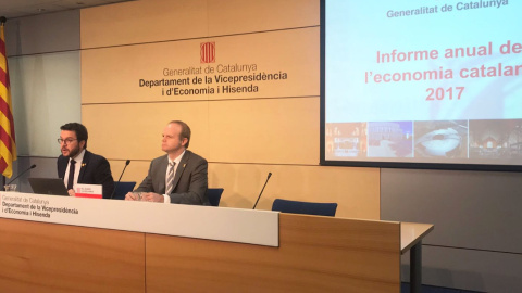 El vicepresident de la Generalitat i conseller d'Economia, Pere Aragonès, presentant l'Informe Anual de l'Economia Catalana 2017, aquest diumenge a Barcelona. / Generalitat de Catalunya.