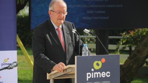 El president de Pimec, Josep González, durant l'acte celebrat aquest divendres a Barcelona.