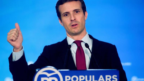 El presidente del PP, Pablo Casado, durante una rueda de prensa. / EFE