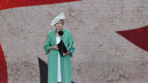 5.06.2019 - Theresa May durante el evento conmemorativo del 75 aniversario del Día-D en  Portsmouth, Inglaterra. REUTERS/Toby Melville