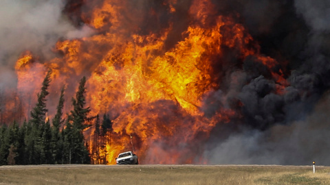 Las llamas junto a una carretera en las inmediaciones de Fort McMurray. - REUTERS