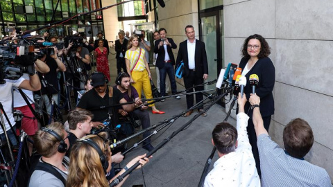 La líder del Partido Socialdemócrata Alemán (SPD), Andrea Nahles, en la rueda de prensa en la que anunció su dimisión.  EFE