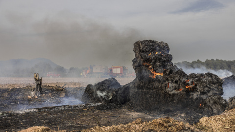 Bales de palla cremant al costat d'una granja d'ovelles a l'incendi d'Artés.