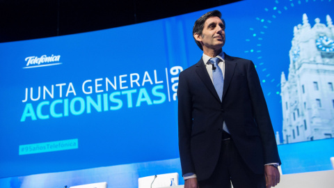 José María Álvarez-Pallete, presidente ejecutivo de Telefónica, durante la Junta de Accionistas de la operadora. EFE/Fernando Villar