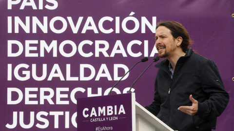 El secretario general de Podemos, Pablo Iglesias, durante un mitin celebrado hoy en Zamora./EFE