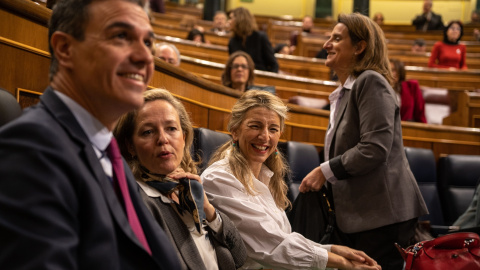 14/02/2023. Pedro Sánchez junto a las vicepresidentas del Gobierno: Nadia Calviño, Yolanda Díaz y Teresa Ribera, a 8 de febrero de 2023.