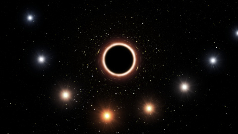 Ilustración de cómo al acercarse la estrella S2 al agujero negro de la Vía Láctea su color vira ligeramente al rojo. /ESO-M. KORNMESSER